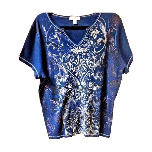 DRESS BARN Women's Plus Size  Blue Short Sleeve Swirl heart design top. - Picture 1 of 14
